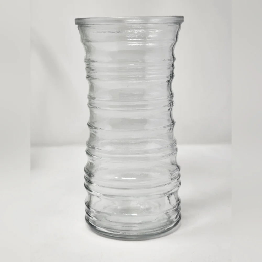 Vintage Tall Clear Glass Vase With Finger Holds Tapered Waist Concentric Circles